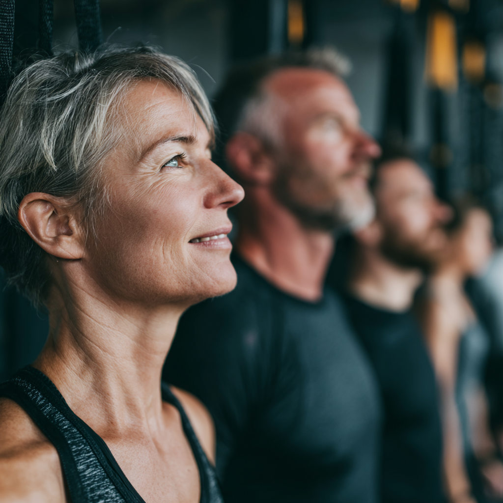 mature adults engaging in fitness training at professional gym