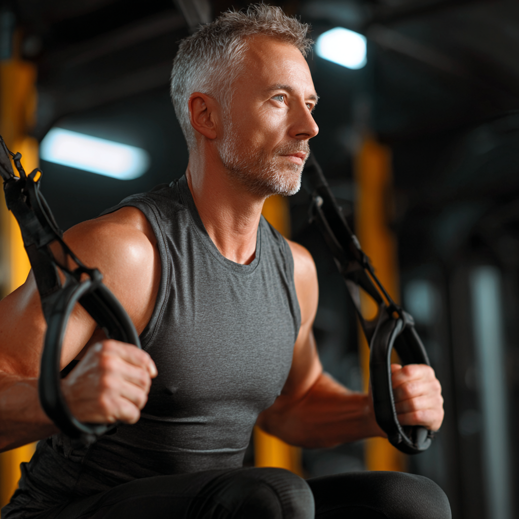 middle-aged person doing functional training exercises with professional equipment